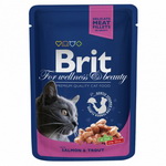 Консервированный корм для кошек Brit Premium Cat (пауч) Кусочки в соусе с ЛОСОСЕМ и ФОРЕЛЬЮ