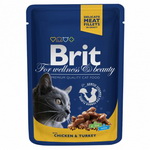 Консервированный корм для кошек Brit Premium Cat (пауч) Кусочки в соусе с КУРИЦЕЙ и ИНДЕЙКОЙ